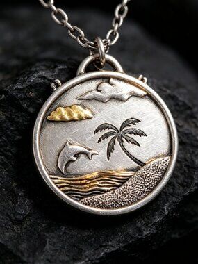 Tropical Beach Scene Palm Tree Ocean Round Pendant Landscape Necklace Charm 925